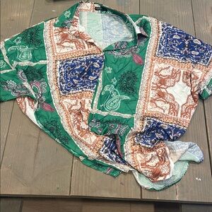 SHEIN Green Multi-Color Patchwork Paisley Button-Up Blouse